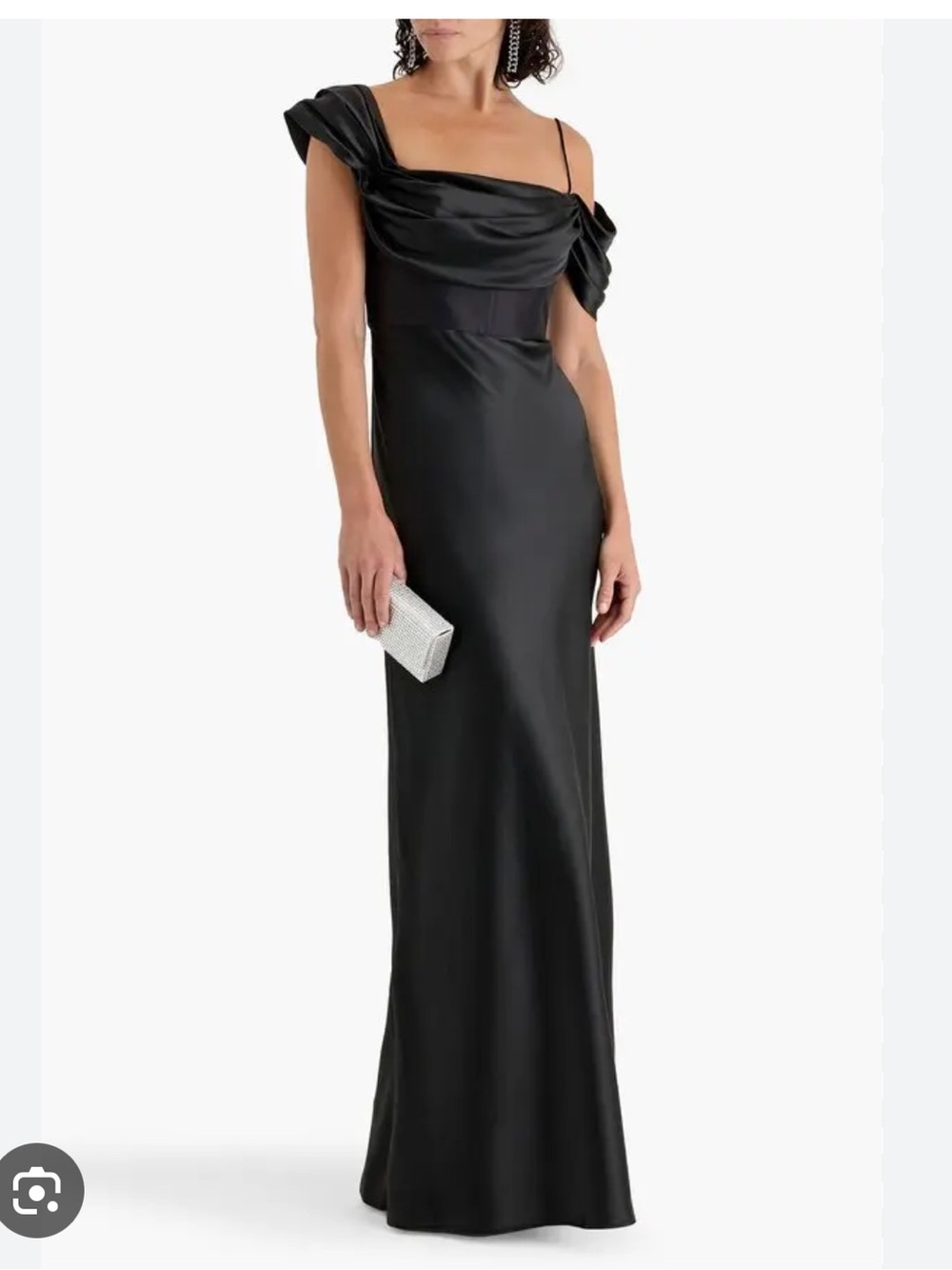 Rachel Gilbert Black Satin Off-Shoulder Evening Gown